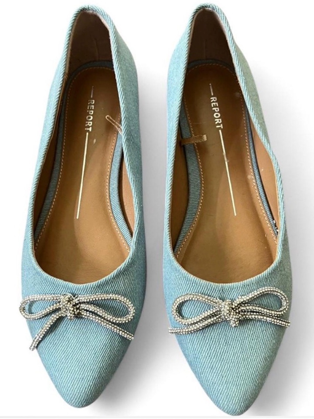 Report Pointed Toe Light Blue Bow Flats with Crystal Detail